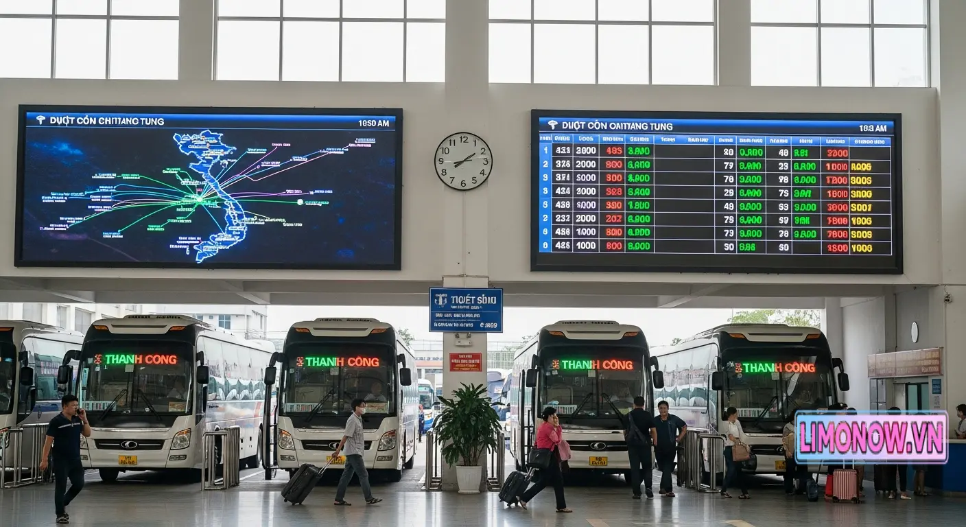 Nhà xe Thành Công tại bến xe với bảng thông tin lộ trình và giá vé