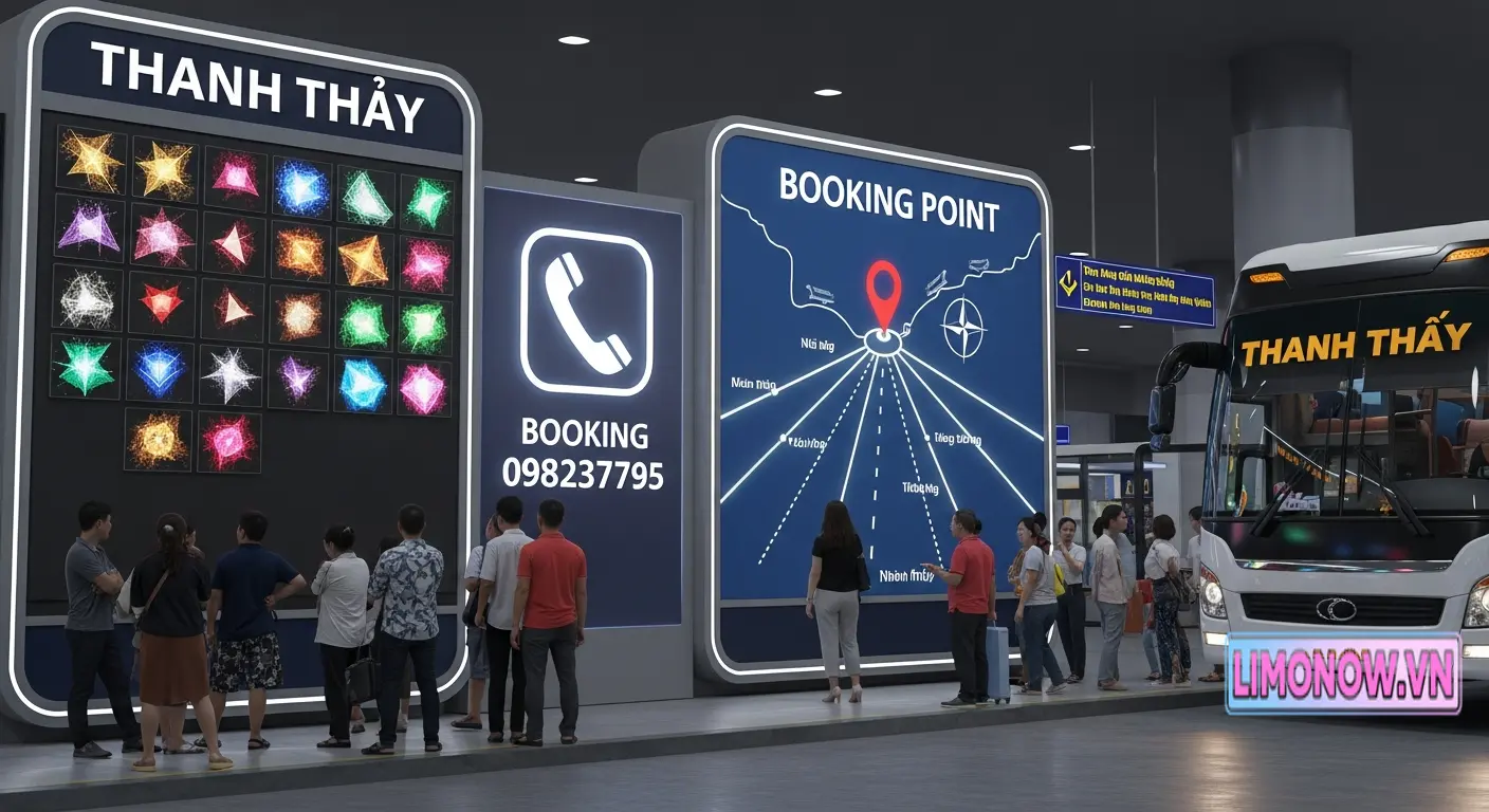 Bến xe Thanh Thủy với điểm đặt vé, số điện thoại liên hệ và hành khách đang chờ xe buýt