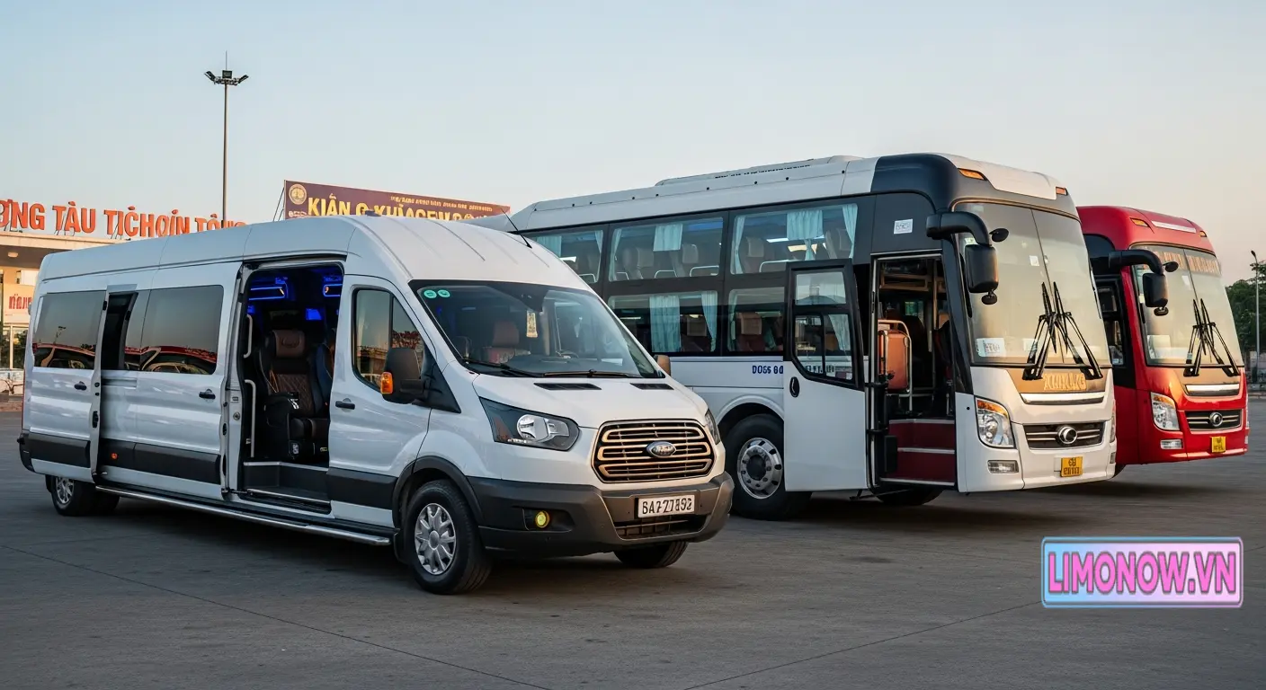Ba loại xe Vũng Tàu Cà Mau: một xe limousine Ford Transit màu trắng và hai xe khách giường nằm màu trắng đen, đỏ đậu tại bến. Hình ảnh xe khách chất lượng cao phục vụ tuyến Vũng Tàu Cà Mau.