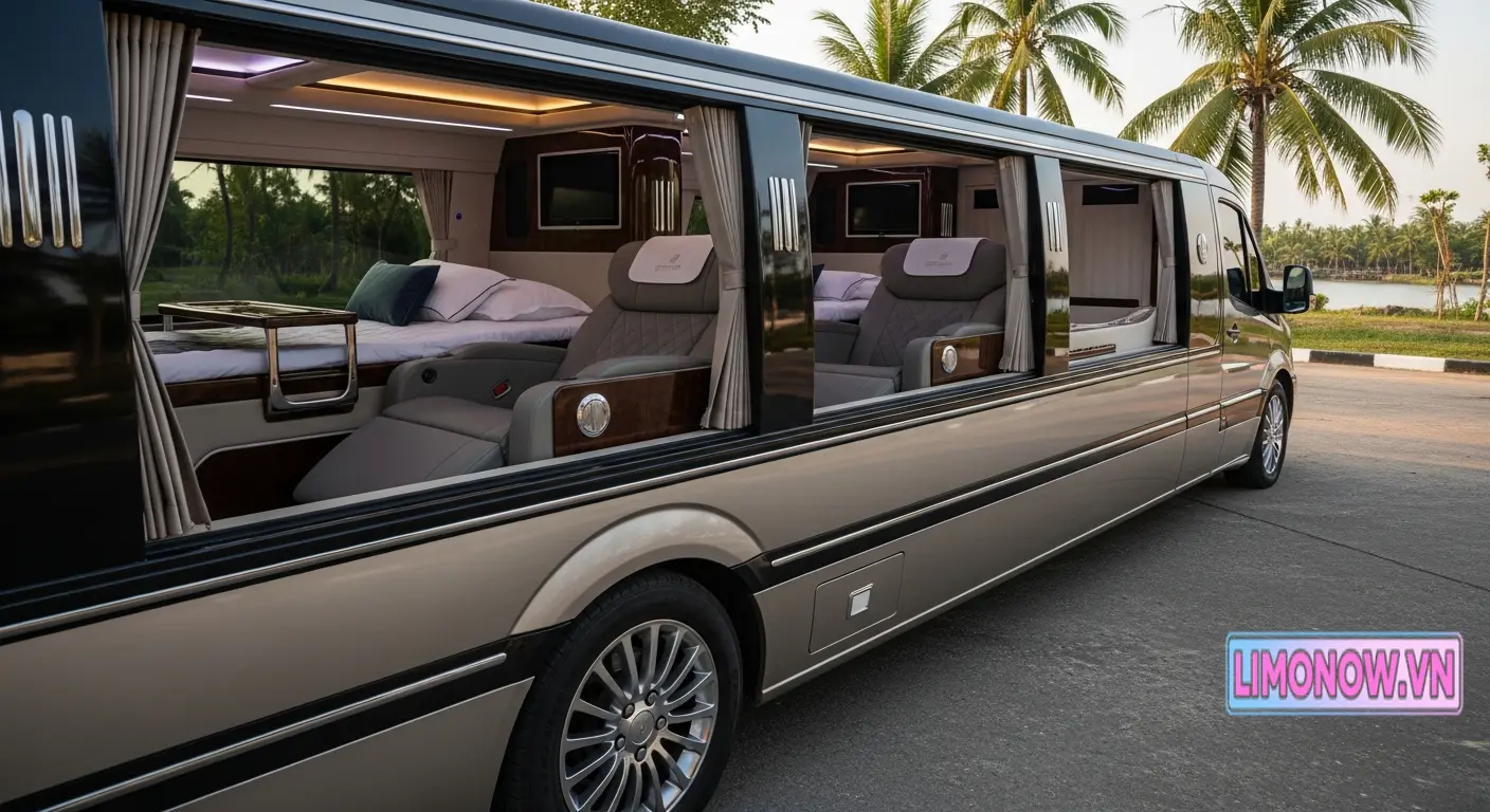 Xe limousine giường nằm VIP với nội thất sang trọng, ghế bọc da cao cấp và giường tiện nghi, phục vụ tuyến Sài Gòn Bến Tre chất lượng cao.