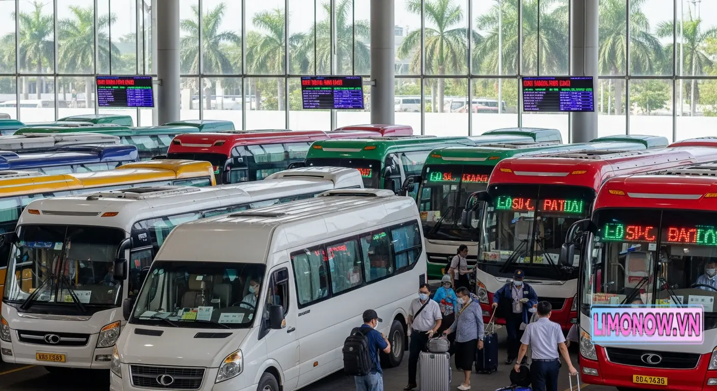 Bến xe với nhiều xe khách và limousine đa màu sắc, hành khách lên xuống, màn hình thông tin chuyến đi, cây cọ xanh.