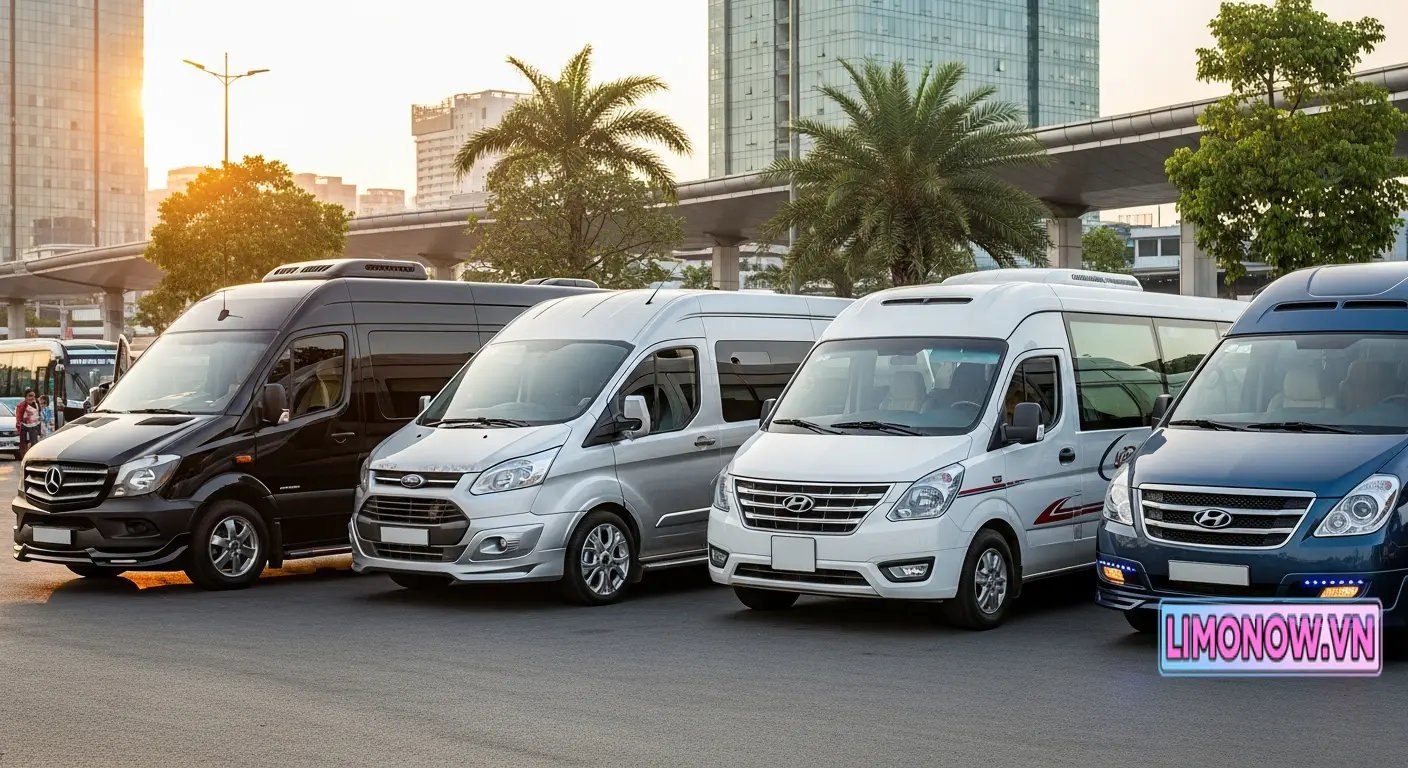 Dàn xe limousine sang trọng bao gồm Mercedes-Benz, Ford Transit và Hyundai Solati, phục vụ tuyến Sài Gòn Kiên Giang (Hà Tiên, Rạch Giá)