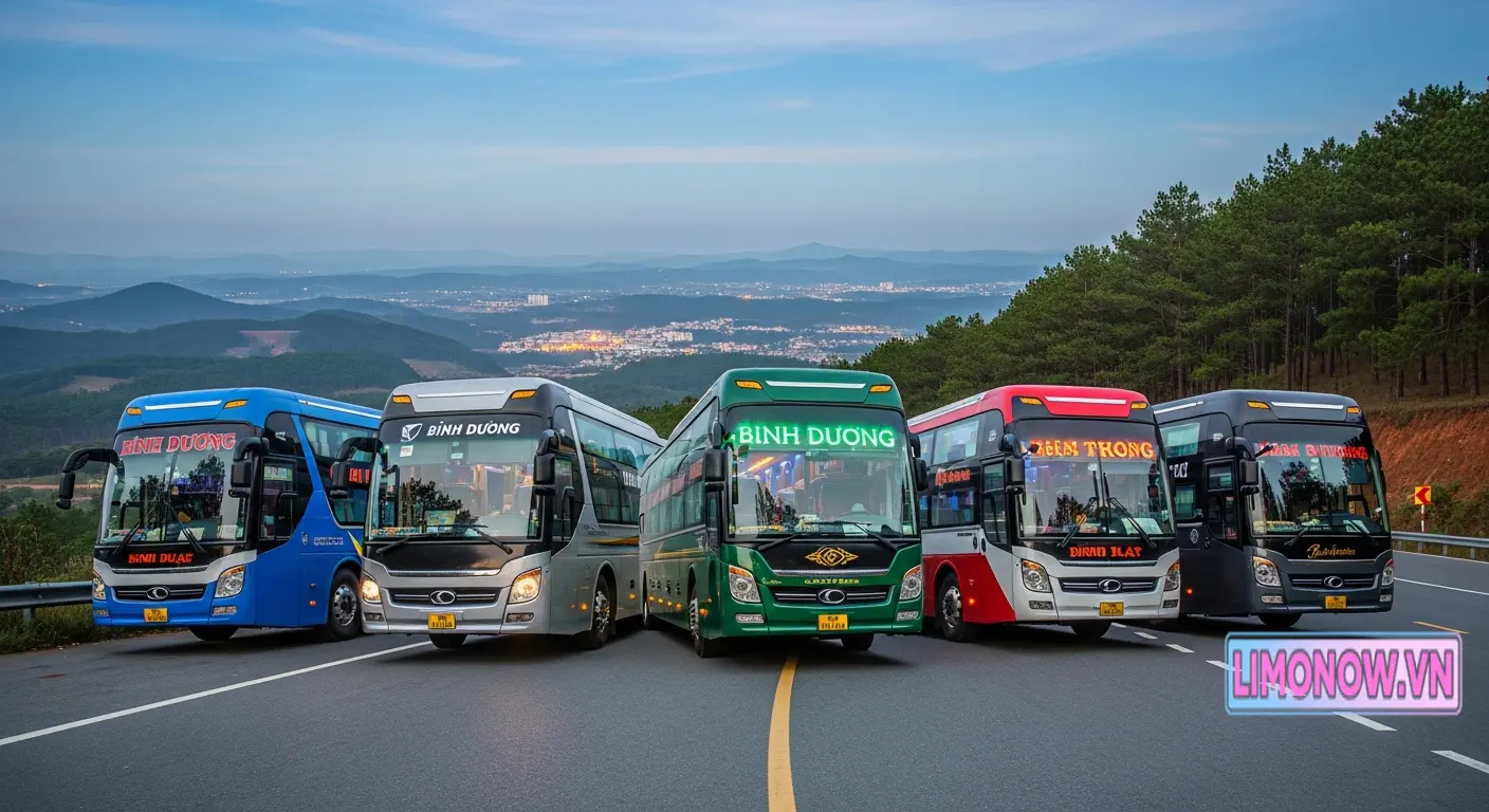Năm xe khách limousine và giường nằm từ Bình Dương đi Đà Lạt đậu trên đường đèo, cảnh thành phố núi về đêm lung linh
