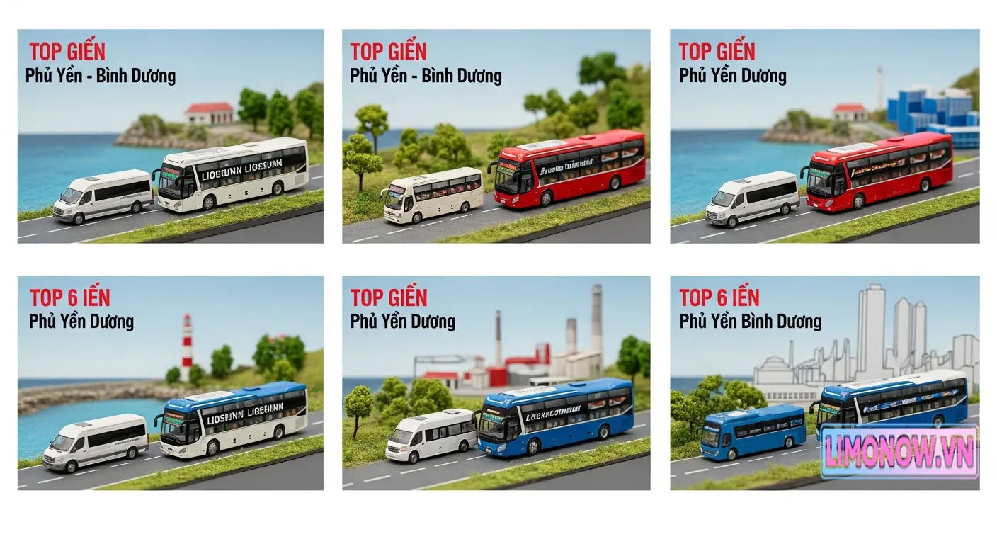 Hình ảnh mô hình 6 cặp xe khách limousine và xe giường nằm đại diện cho các nhà xe hàng đầu tuyến Phú Yên - Bình Dương