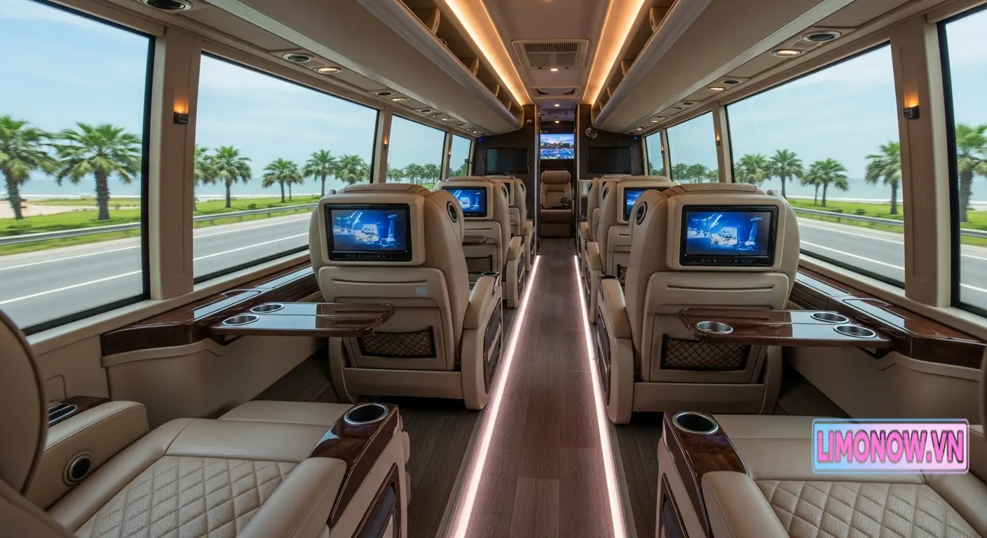 Nội thất xe limousine cao cấp đi Trà Vinh với ghế da sang trọng