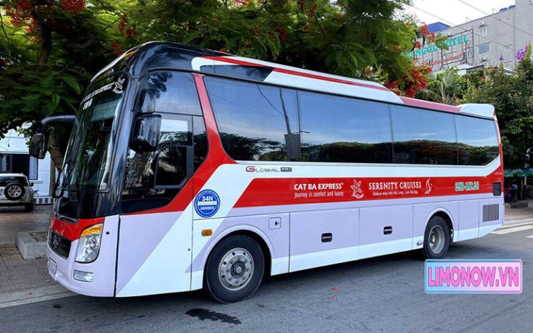 Xe limousine giường nằm cao cấp Cat Ba Express màu trắng đỏ tím