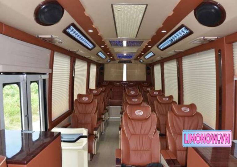 Nội thất xe limousine cao cấp với ghế da sang trọng, đèn trần hiện đại