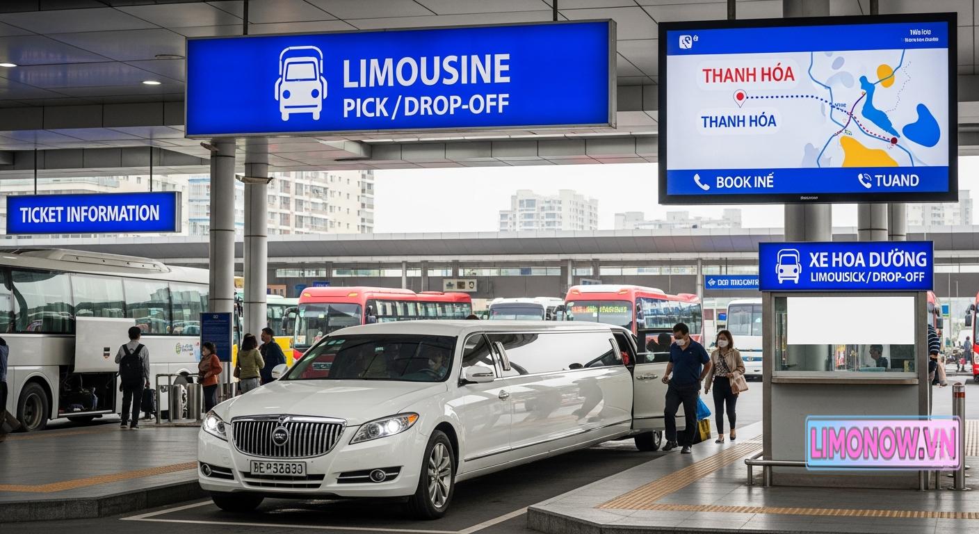 Khu vực đón trả khách xe Limousine tại bến xe, có biển hiệu 'LIMOUSINE PICK/DROP-OFF' và thông tin đi Thanh Hóa.