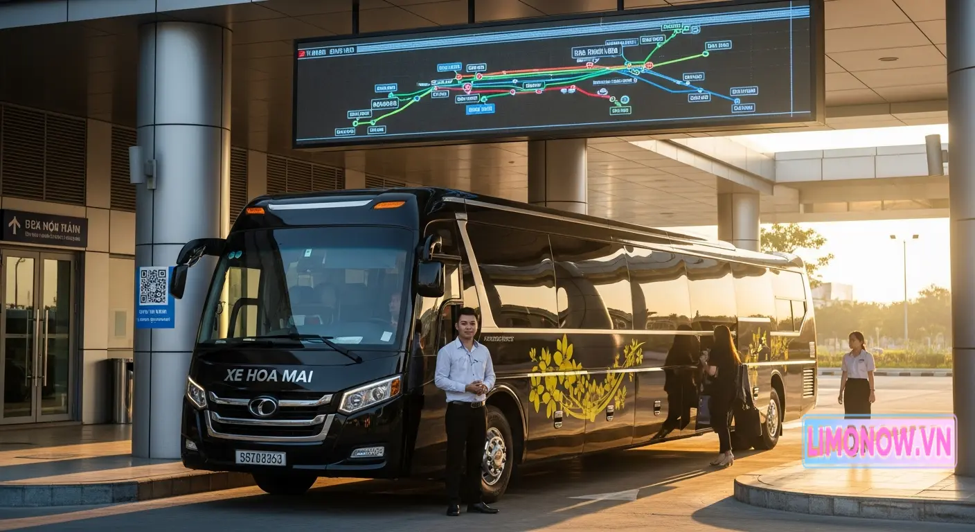 Xe Hoa Mai Limousine sang trọng, nhân viên chuyên nghiệp và màn hình hiển thị lộ trình tại bến xe