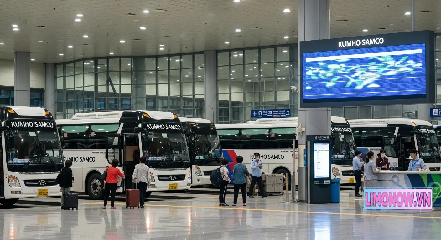 Xe khách Kumho Samco tại bến xe hiện đại với hành khách đang di chuyển và màn hình thông tin chuyến đi.
