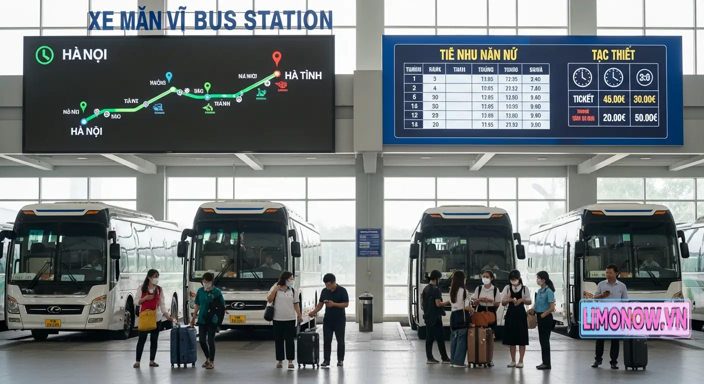 Bến xe Mận Vũ, Hà Nội với bảng điện tử hiển thị lịch trình xe khách đi Hà Tĩnh, giá vé và hành khách chuẩn bị lên xe.