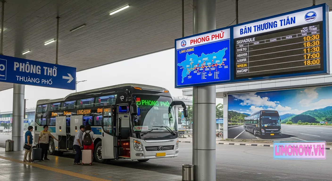 Xe limousine Phong Phú tại bến xe, hành khách đang lên xuống, bảng thông tin lịch trình và bản đồ tuyến đường.