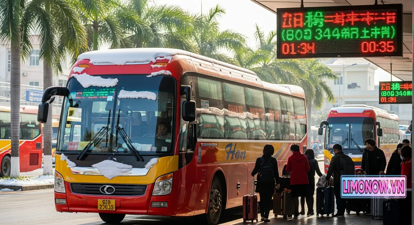 Xe buýt Hon đỏ vàng có tuyết trên mái, hành khách và bến xe nhộn nhịp